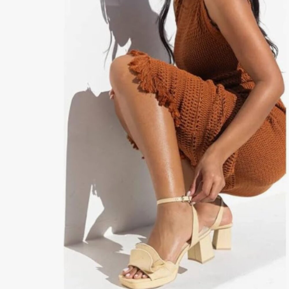 Pazzion Khaki Platform Square Toe Pleated Ruffle Sandals Chunky High Heel Shoes